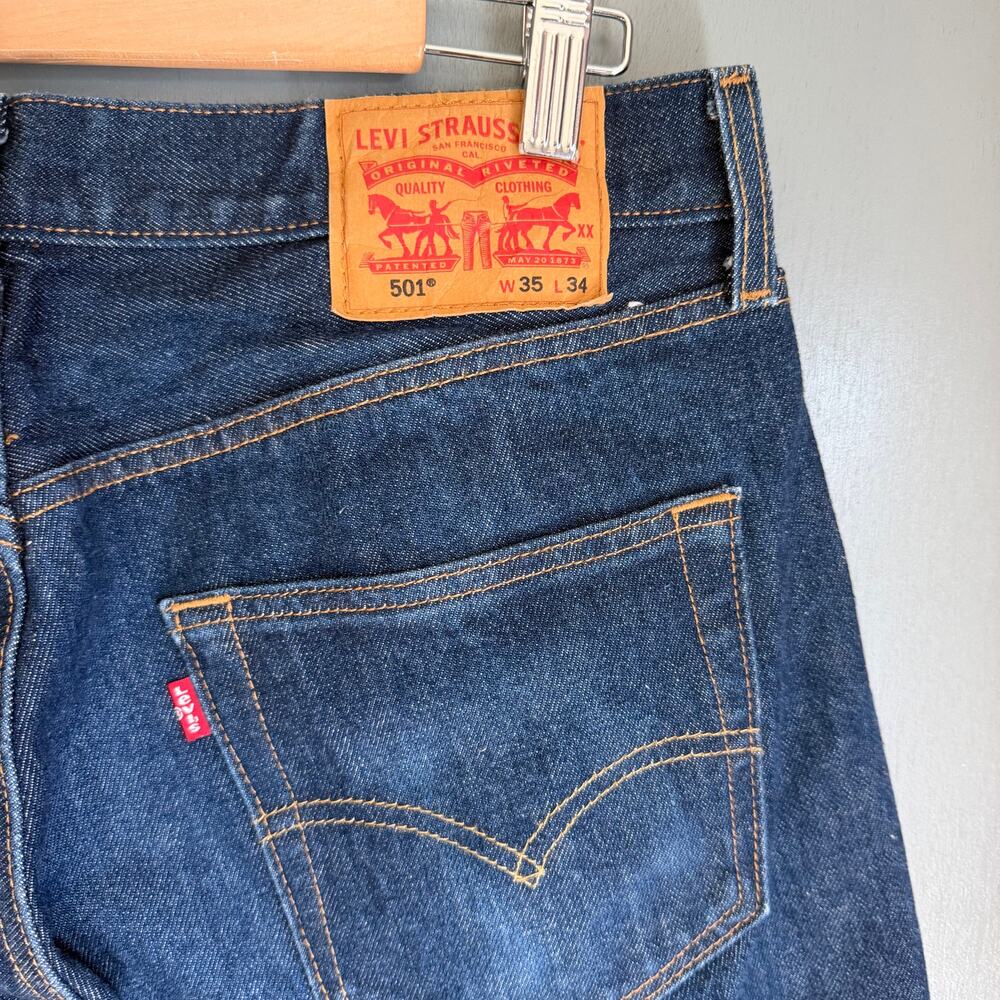 LEVI'S 501 Men's 35X34 Dark Denim Wash Jeans Metal Button Fly Classic NWOT